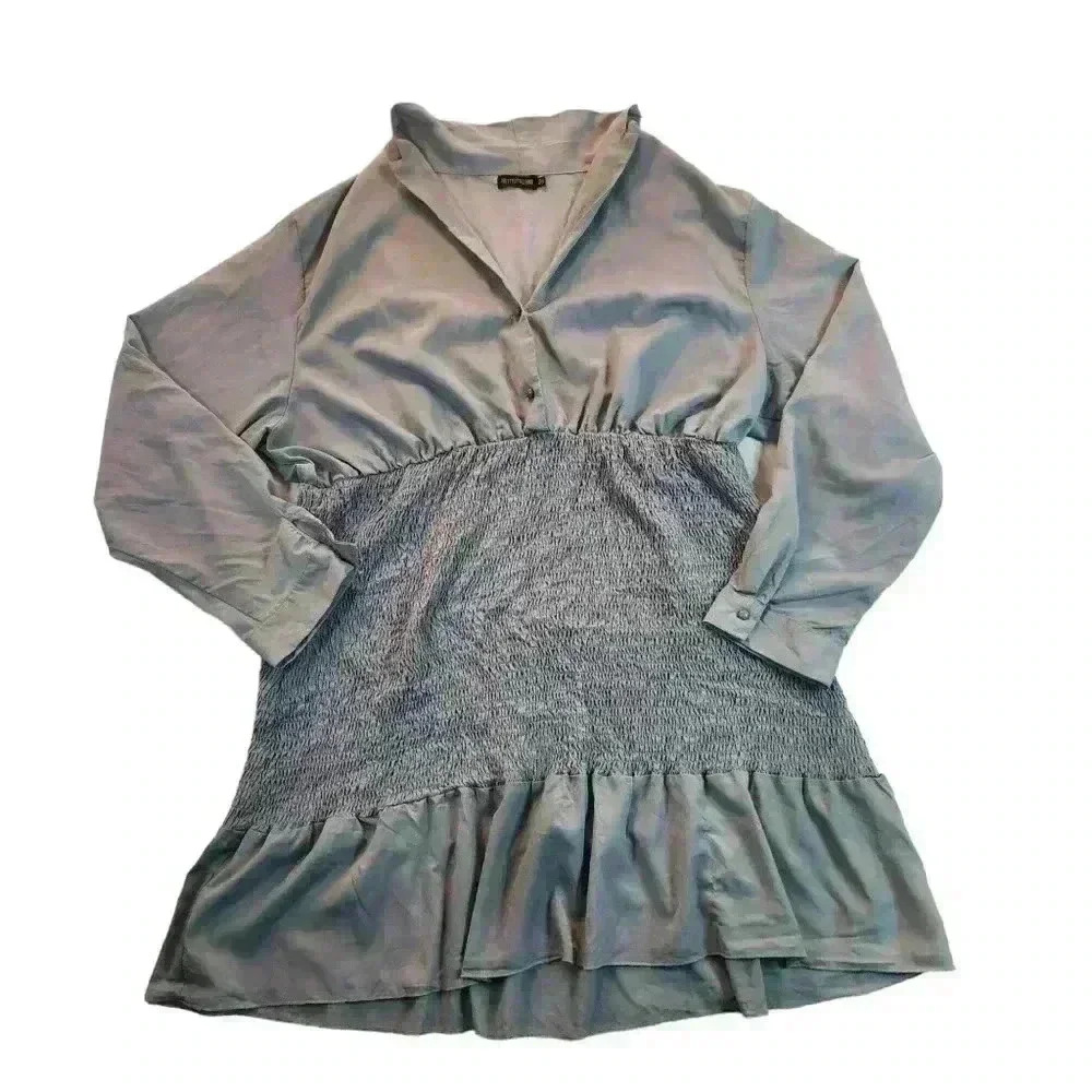Pretty Little Thing Gray Blue Mini Dress Tunic Top Sz 26 Smocked *See Descriptio